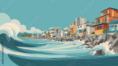 Coastal Town with Tsunami-Protected Seawall