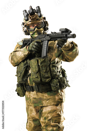Camouflaged tactical soldier in combat gear holding firearm on white background