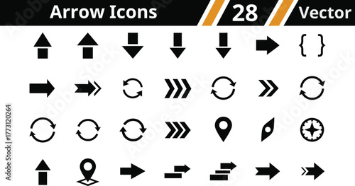 Arrow icons Including Up, Down, Right, Left, Diagonal, Curved, Circular, Double, Back, and Forward Arrow Vector silhouette Illustration
