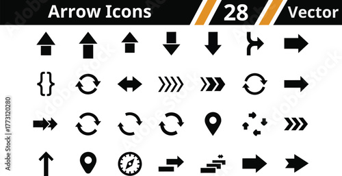 Arrow icons Including Up, Down, Right, Left, Diagonal, Curved, Circular, Double, Back, and Forward Arrow Vector silhouette Illustration