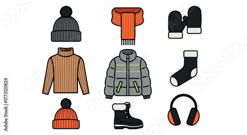 Collection of winter clothing items including hats, scarves, mittens, jackets, and boots isolated on transparent background