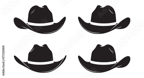 Four black cowboy hats arranged in a grid isolated on transparent background