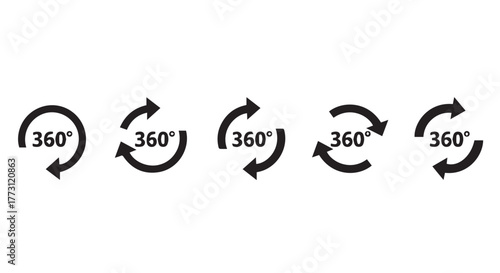 Set of five black circular arrows indicating 360 degree rotation isolated on transparent background