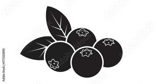 Simple black and white illustration of a cluster of blueberries with leaves