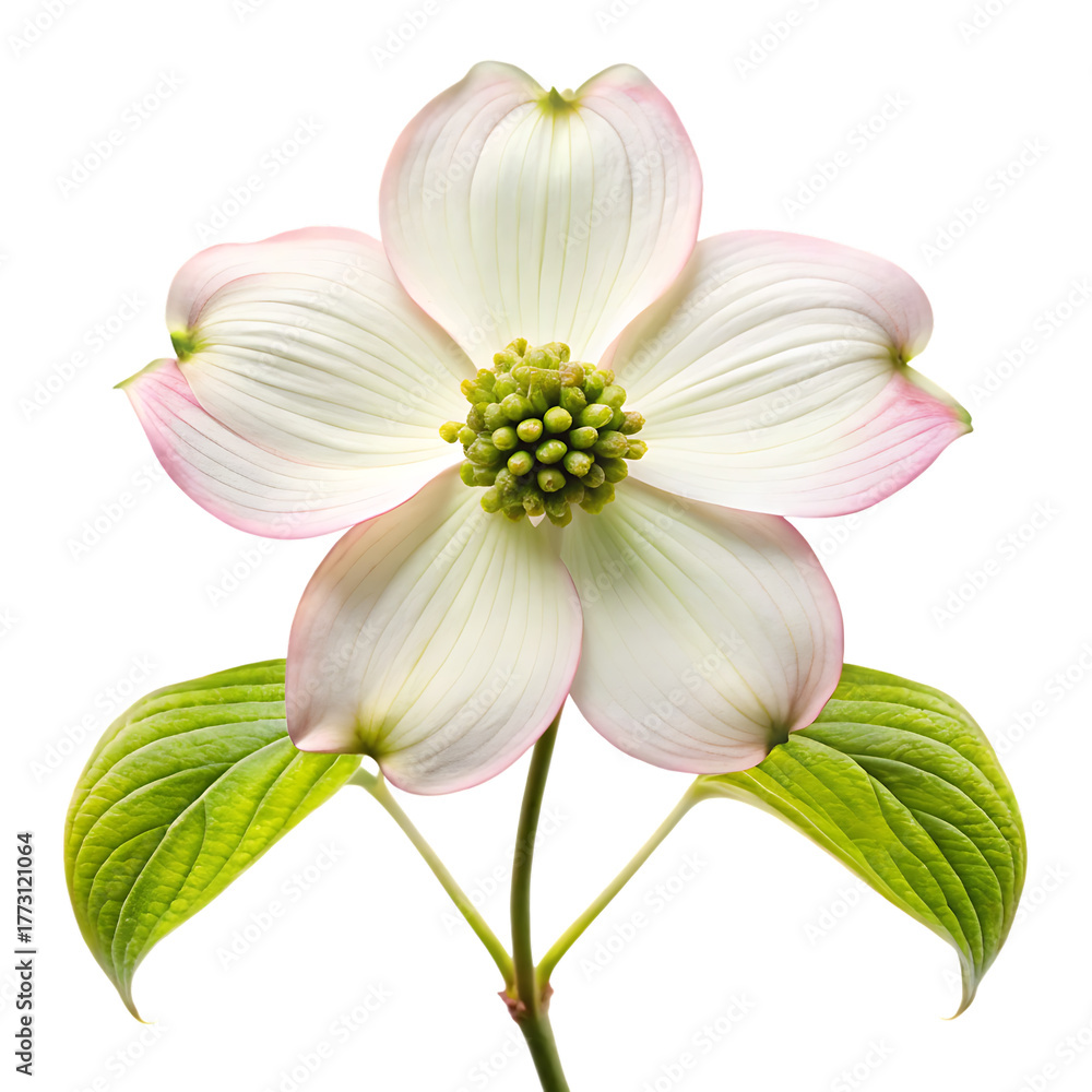 Fototapeta premium Dogwood Flower, White with Pink Edges and Green Leaves, cutout, PNG isolated on transparent background