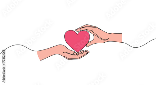 Two hands gently offering and receiving a bright red heart symbol