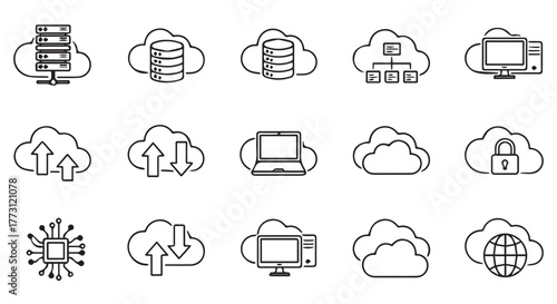 Cloud computing icons including servers, databases, laptops, and network security isolated on transparent background