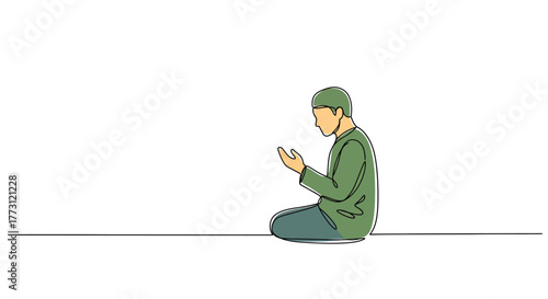 A simple line drawing of a man praying in a green outfit