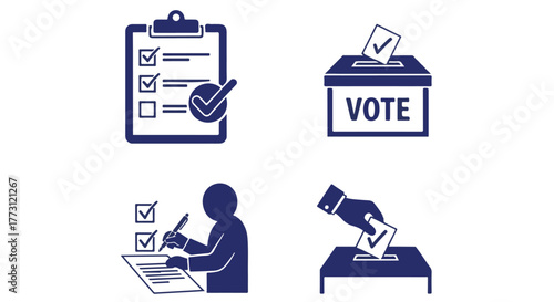 Voting and election icons including checklist, ballot box, person voting, and hand casting vote isolated on transparent background