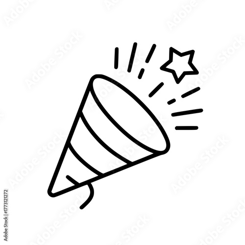 Party popper icon with exploding star and confetti lines
