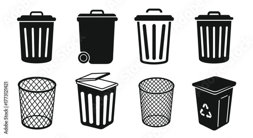 Collection of various black and white trash cans and waste receptacles