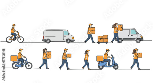 Delivery team transporting packages with various vehicles and efficient logistics