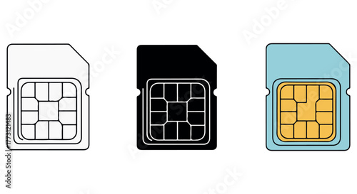 Three sim card icons in different styles isolated on transparent background