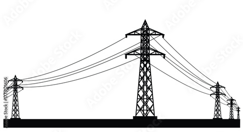 Black silhouette illustration of high voltage power lines and towers