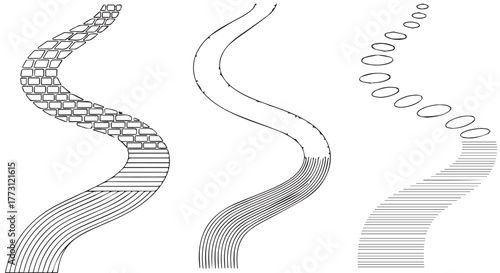 Geological strata and river erosion patterns illustrated with distinct visual representations isolated on transparent background
