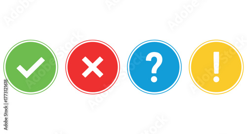 Four circular icons checkmark, cross, question mark, and exclamation mark, isolated on transparent background