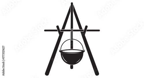 Silhouette of a cooking pot hanging over a tripod fire stand, isolated on transparent background