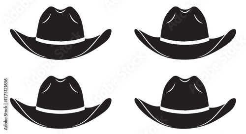 Four black cowboy hats arranged in a twobytwo grid on a transparent background
