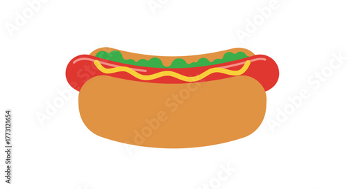 A colorful illustration depicting a classic hot dog with toppings