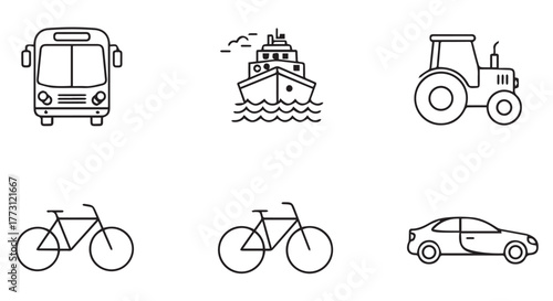 Collection of various transportation vehicle icons isolated on transparent background