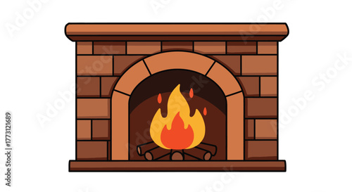 A charming cartoon illustration depicting a brick fireplace with burning logs