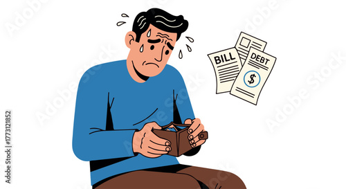 Man looking worried at empty wallet with bills and debt notices isolated on transparent background
