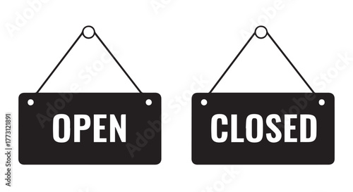 Black open and closed signs hanging, isolated on transparent background