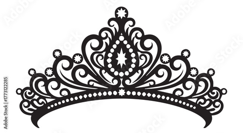 Ornate black tiara with sparkling jewels and intricate scrollwork isolated on transparent background