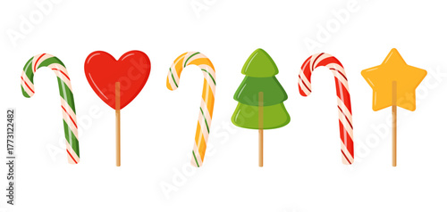 Colorful Christmas lollipops Set. Shape of Candy canes, heart, tree, and star. Hand drawn trendy flat style vector illustration Perfect for holiday cards, packaging, prints, stickers, and decorations.