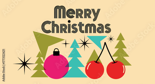 A whimsical mid-century modern Christmas greeting with retro-style ornaments, festive cherries, and stylized holiday trees