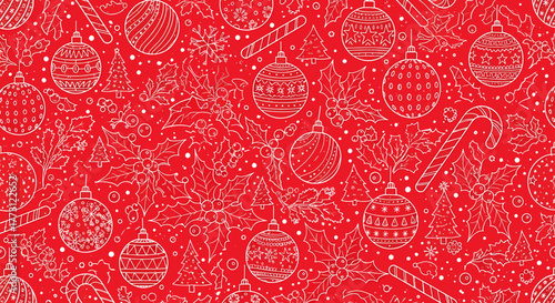 Festive Christmas seamless pattern with white line art of ornaments, candy canes, and snowflakes on a red background, ideal for holiday designs and winter celebrations