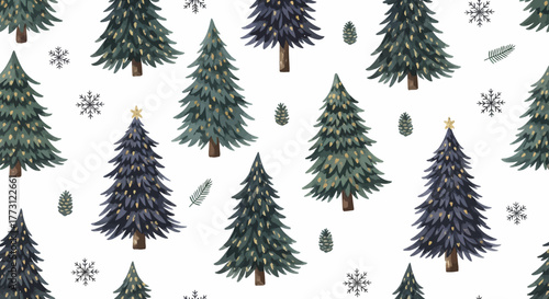 Festive Christmas Tree and Snowflake Pattern, Winter Holiday Background with Evergreen Pine Trees