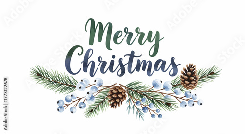Festive Merry Christmas Typography with Pine Needles and Blue Berries - a Beautiful Holiday Season Decoration