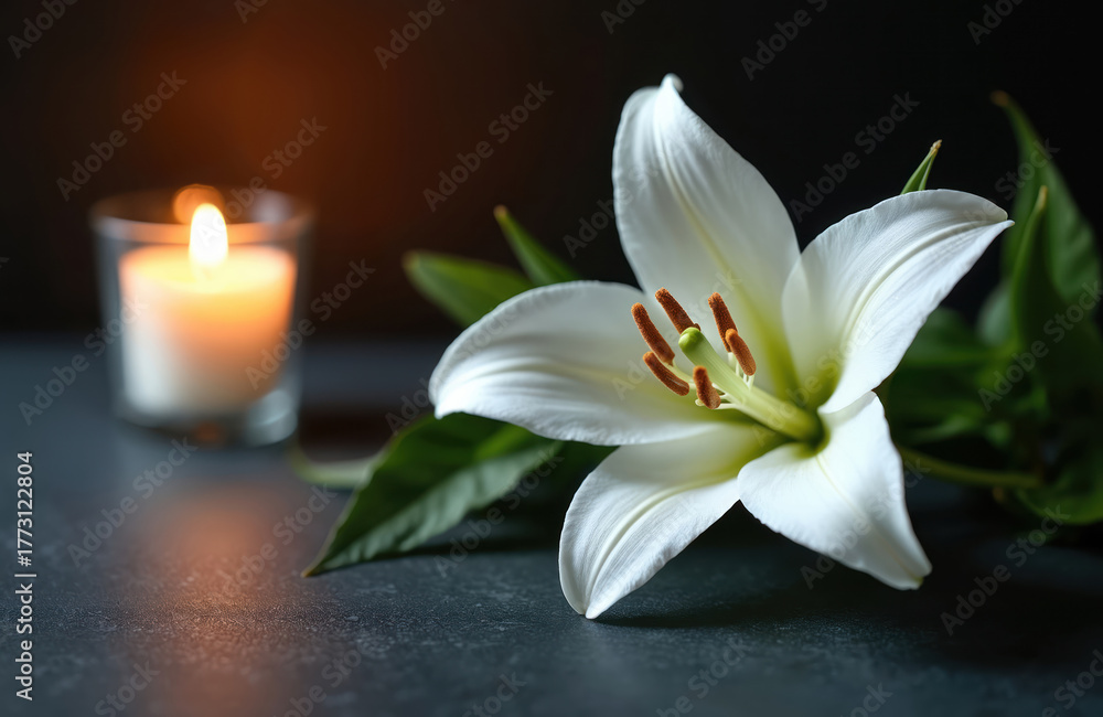 Fototapeta premium White lily flower near lit candle in glass on dark surface. Sympathy concept. Funeral scene. Memorial photo for sorrow grief. Beautiful floral arrangement to remember a deceased person.