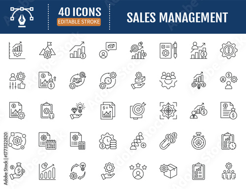 Sales Management icon set. Includes discipline, focused, technique, important, product. Vector illustration with editable strokes