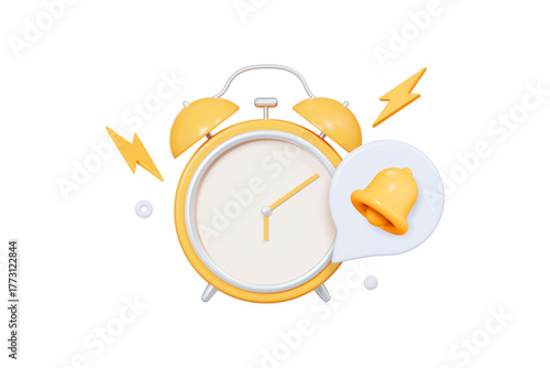 3D Yellow Alarm clock with speech bubble and bell. Notification and reminder. Time management or deadline concept. Flash sale with lightnings. Cartoon design icon isolated. 3D Vector illustration