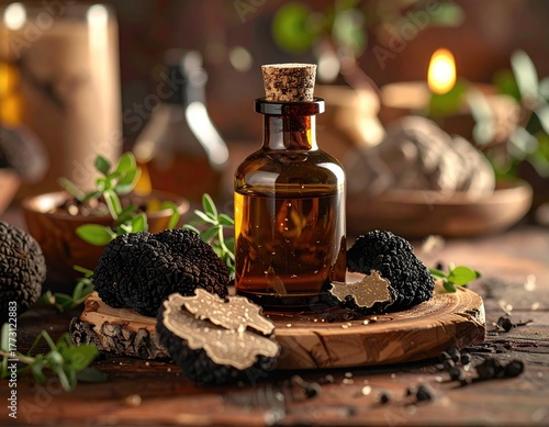 Close Up of Truffle Oil Bottle Surrounded by Fresh Truffles and Herbs with Warm Lighting
