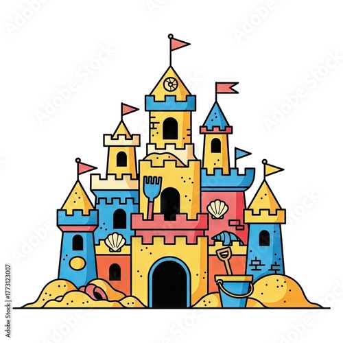 Colorful Pixel Art Sandcastle Illustration with Flags and Accessories on White Background