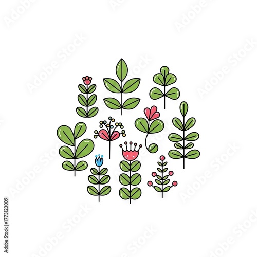 Stylized Floral Arrangement of Green and Red Foliage and Blooms on White Background