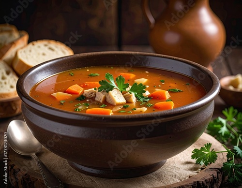 Close Up View of Hearty Vegetable Soup in a Brown Bowl with Fresh Bread and Garnishes on Rustic Wooden Surface