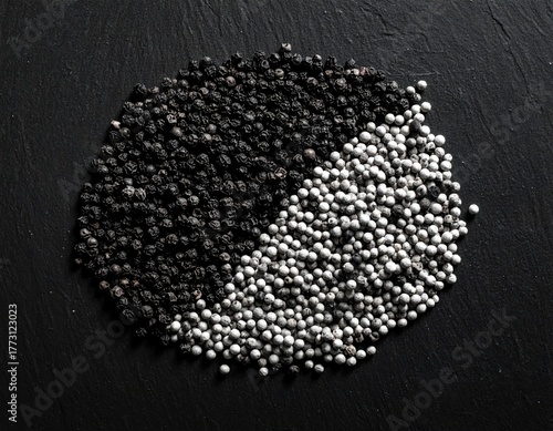 Abstract Arrangement of Two Contrasting Color Spheres Against Black Background