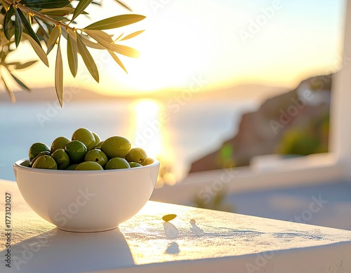 Close-Up Of Green Olives In White Bowl On Terrace With Olive Branch Against Ocean And Sunset