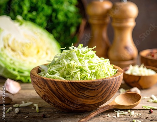 Freshly Chopped Cabbage in Wooden Bowl on Rustic Tabletop with Culinary Ingredients