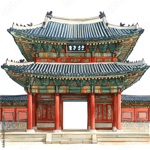Gyeongbokgung Palace, watercolor illustration vector, isolated on a white background.