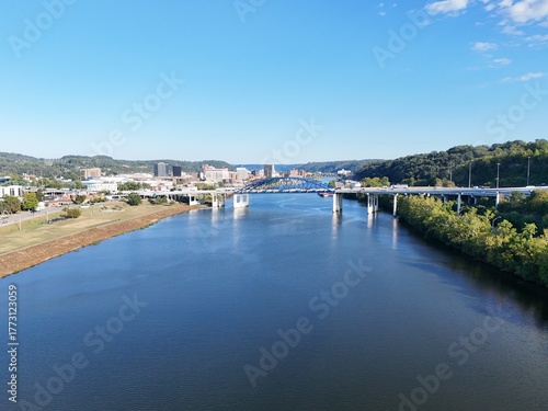 Wallpaper Mural South Charleston City Skyline Over Kanawha River With Kanawha River Bridge and South Side Bridge, Downtown, And Hills In Distance Torontodigital.ca