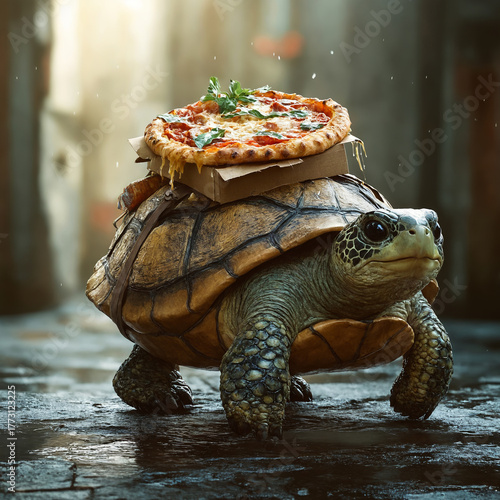 a turtle carrying a pizza on its shell through a city street. The mix of nature and modern life creates a fun and imaginative scene