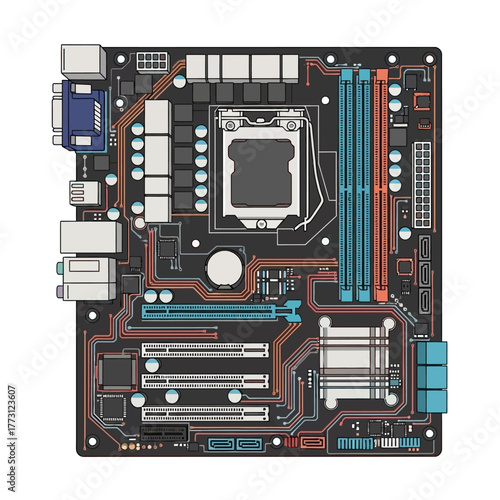 Computer Motherboard Illustration with CPU Socket RAM Slots and Expansion Ports. Vector Illustrations. EPS Editable