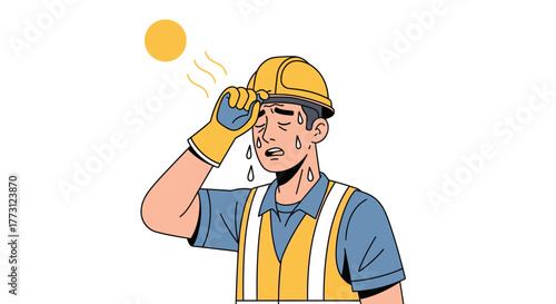 Construction worker sweating profusely under the hot sun wearing safety gear. Vector Illustrations. EPS Editable