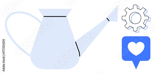 Watering can symbolizing growth, gear for innovation, and heart for care and empathy. Ideal for teamwork, creativity, personal development, sustainability, nurturing community productivity. Simple
