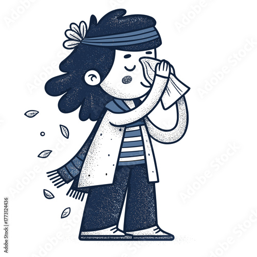 Child blowing nose into tissue during autumn season with leaves falling  